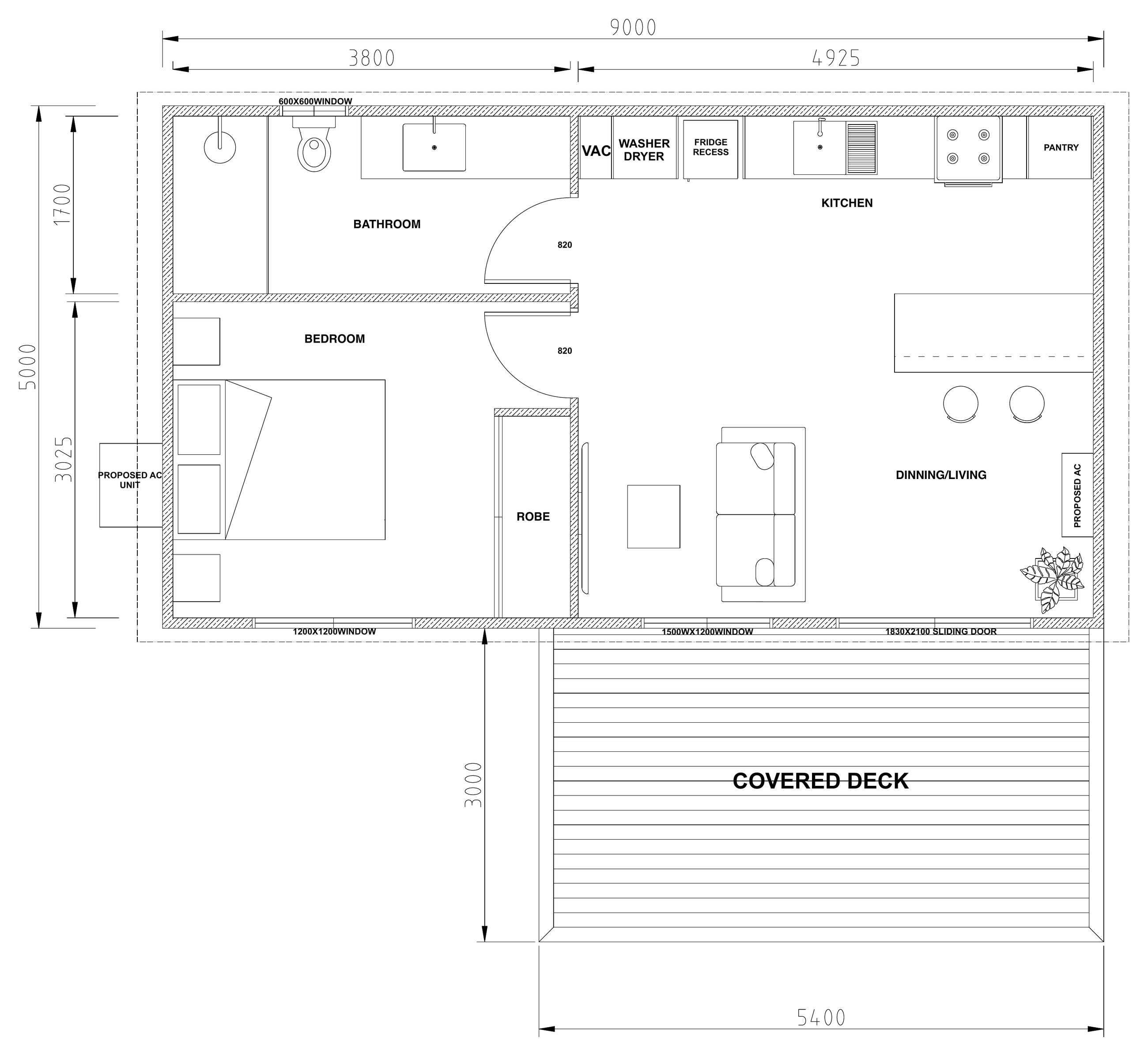 Floor plan of The Cape: A wider living area and one bedroom with robe. Shown with an optional 5.4 × 3.0 m covered deck and proposed air-conditioning positions, which are quoted separately.