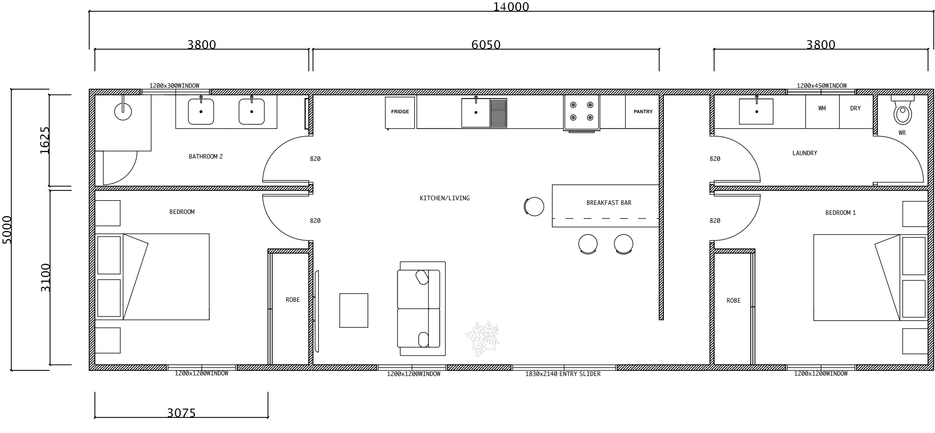 Floor plan of The Headland: Two bedrooms with robes either side of the kitchen and living, a bathroom with double vanity, and a laundry with a separate toilet.