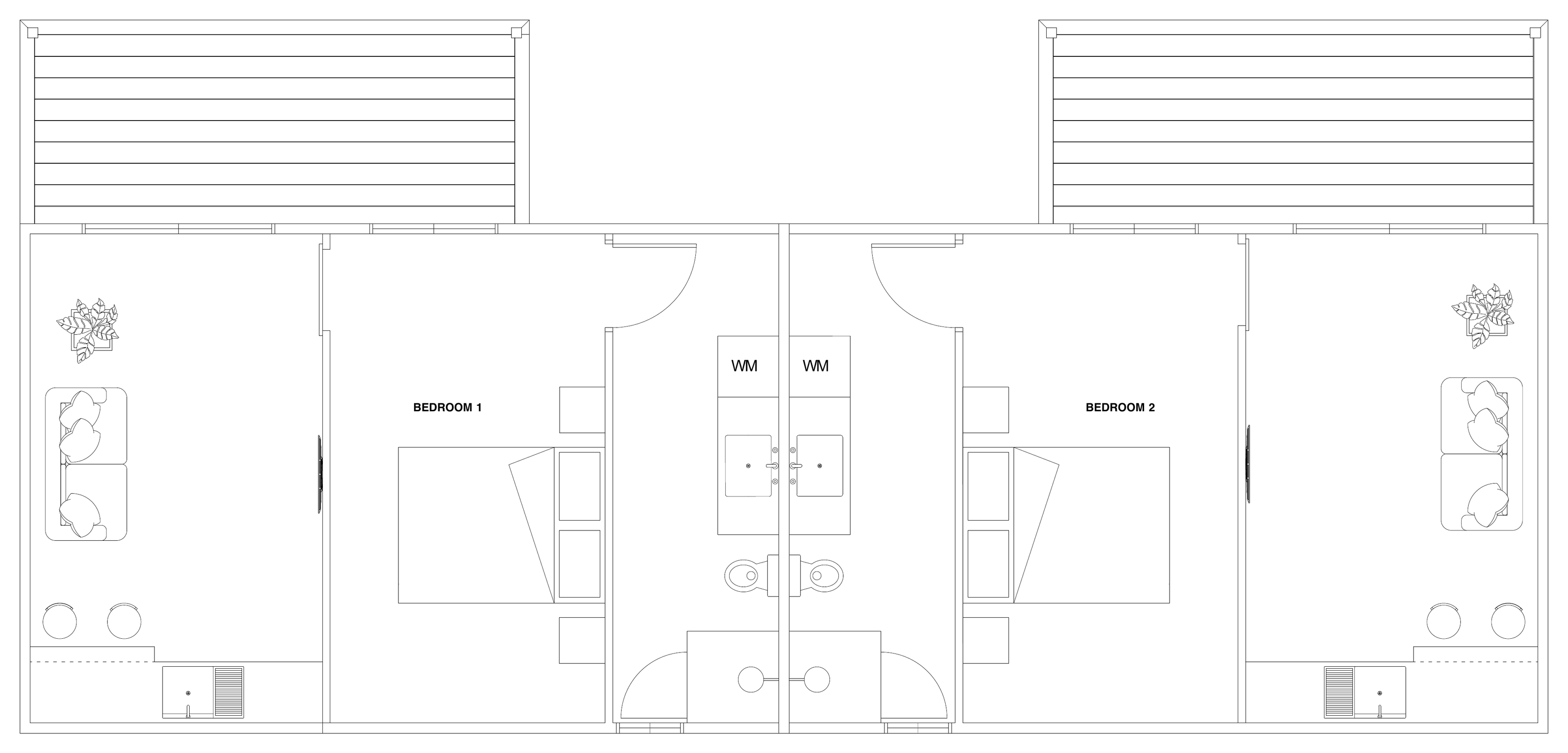Floor plan of The Point: Two private suites under one roof, each with its own living area, kitchenette, bedroom and bathroom. Shown with optional decks.